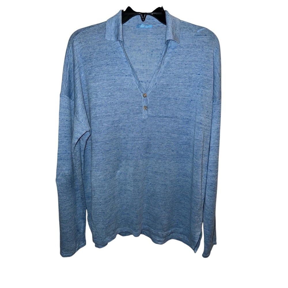 J.McLaughlin Sweater Women Large Blue 100% Linen Long Sleeve Henley Knit Collar - Picture 2 of 8